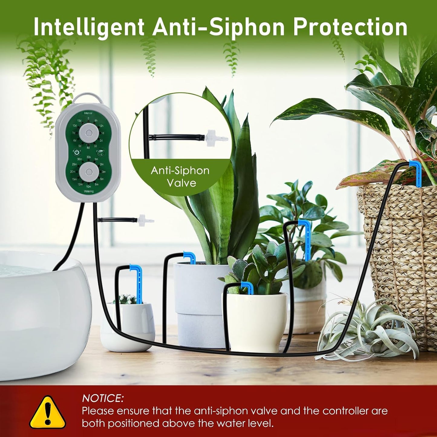 Automatic Plant Waterer Drip Irrigation System Kit for 15 Potted Plants, Indoor Self Watering System Plant Watering Devices with Programmable Water Timer for Garden Balcony Greenhouse Vacation