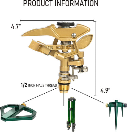 1/2 Inch Zinc Impact Sprinkler, Heavy Duty Lawn Sprinkler Head with Nozzles, Adjustable 0-360 Degree Impulse Watering Sprinklers for Large Coverage Garden Grass Yard Irrigation
