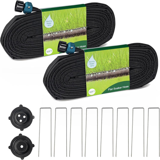 Flat Soaker Hose 100 FT for Garden, 100' (50FT x 2) Linkable Consistent Drip Irrigation Hose, Leak-free Dual-layer Design Saving 80% Water Garden System Water Hose with Holes