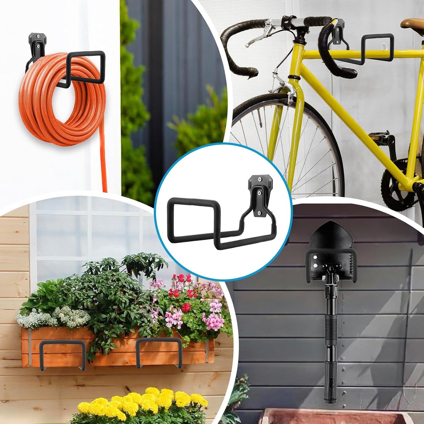 4 Pack Heavy Duty Garden Hose Holder Wall Mount, Metal Black Water Hose Hanger Reel Organizer for Outside Yard Storage