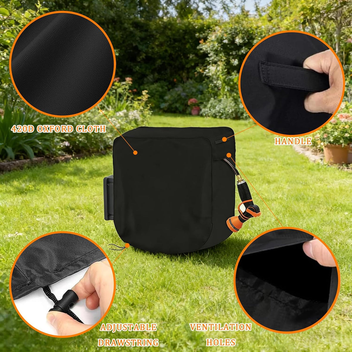 Garden Hose Reel Cover for Glahoden Wacotoya Series 100 ft, Waterproof Outdoor Wall Mounted Hose Reel Protector with Drawstring, Dustproof Windproof Hose Storage Cover,A