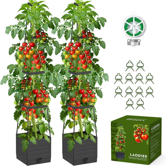 2 Pack Raised Garden Bed Tomato Planter with Trellis, 57" Tomato Cage Plant Support Planters, Self-Watering Planter for Tomatoes Climbing Plants Vegetable Vine Flowers Outdoor & Indoor
