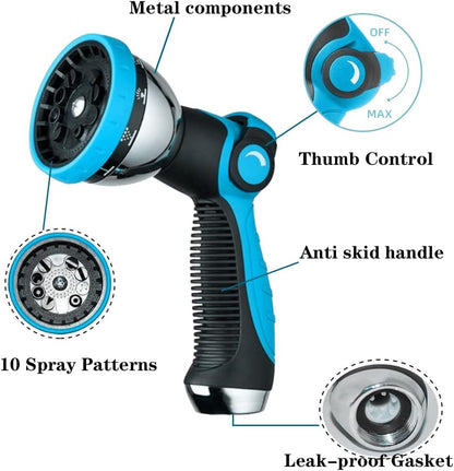 Garden Hose Nozzle Spray Nozzle,10 Hose Metal Duty Watering Patterns Thumb Control On Off Valve, High Pressure Nozzle Sprayer for Watering Plants, Car Wash,Cleaning,Showering Pets Blue