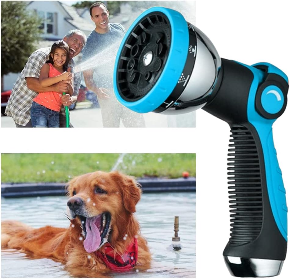 Garden Hose Nozzle Spray Nozzle,10 Hose Metal Duty Watering Patterns Thumb Control On Off Valve, High Pressure Nozzle Sprayer for Watering Plants, Car Wash,Cleaning,Showering Pets Blue