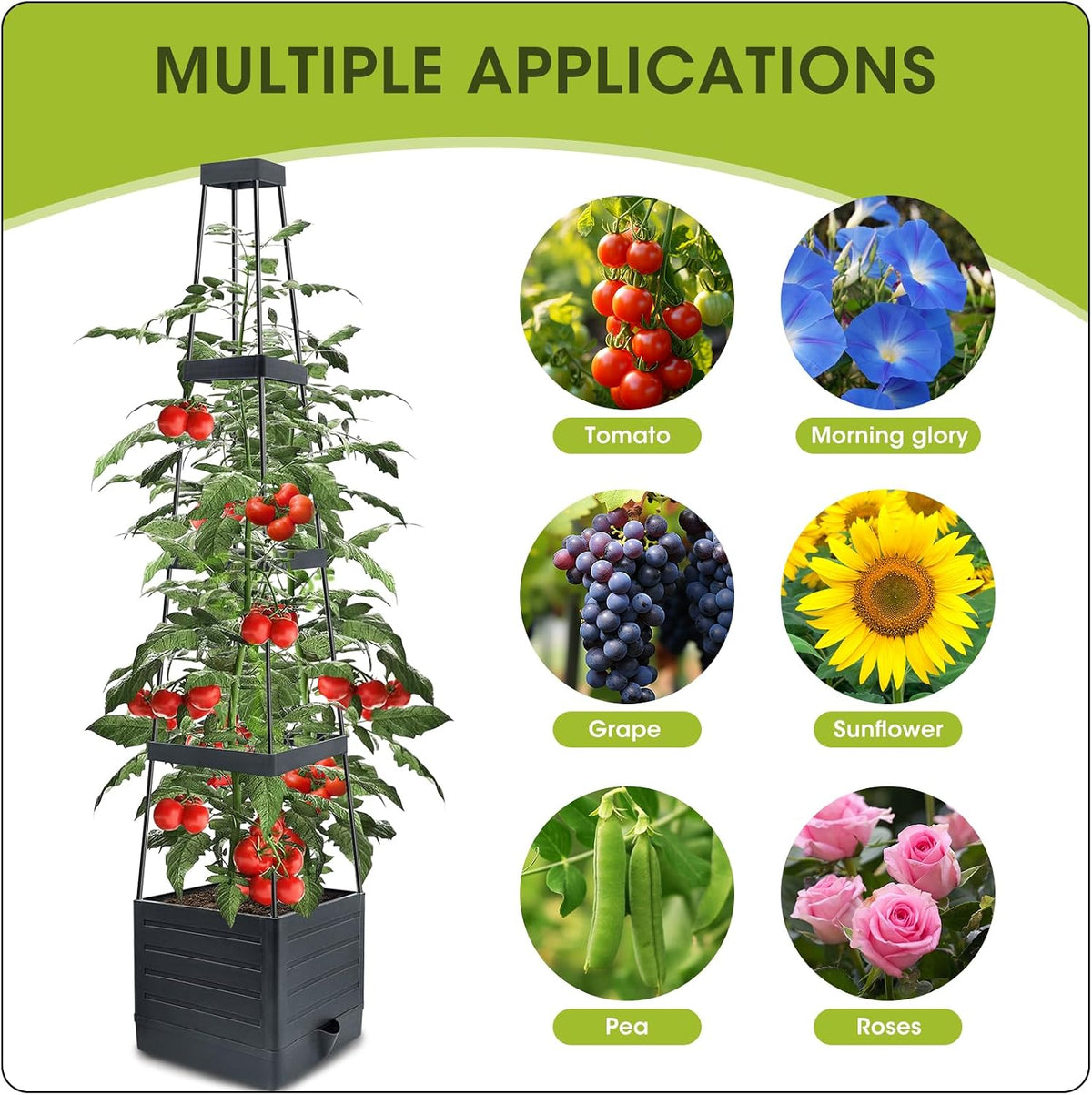 2 Packs Raised Garden Bed Tomato Planter with Trellis, 57" Tomato Cages for Climbing Vegetables Plant, Self Watering Planters Box for Garden Pots for Patio Greenhouse Indoor Outdoor（2PCS）