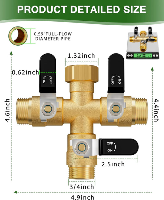 Garden Hose Splitter, 3 Way Heavy Duty Brass hose splitter, Water Hose Bib Spigot Splitter with 0.59" Full Flow Ball Valve Outlet & Shut-Off Valve 3/4'' Connector Outdoor Water Faucet Adapter