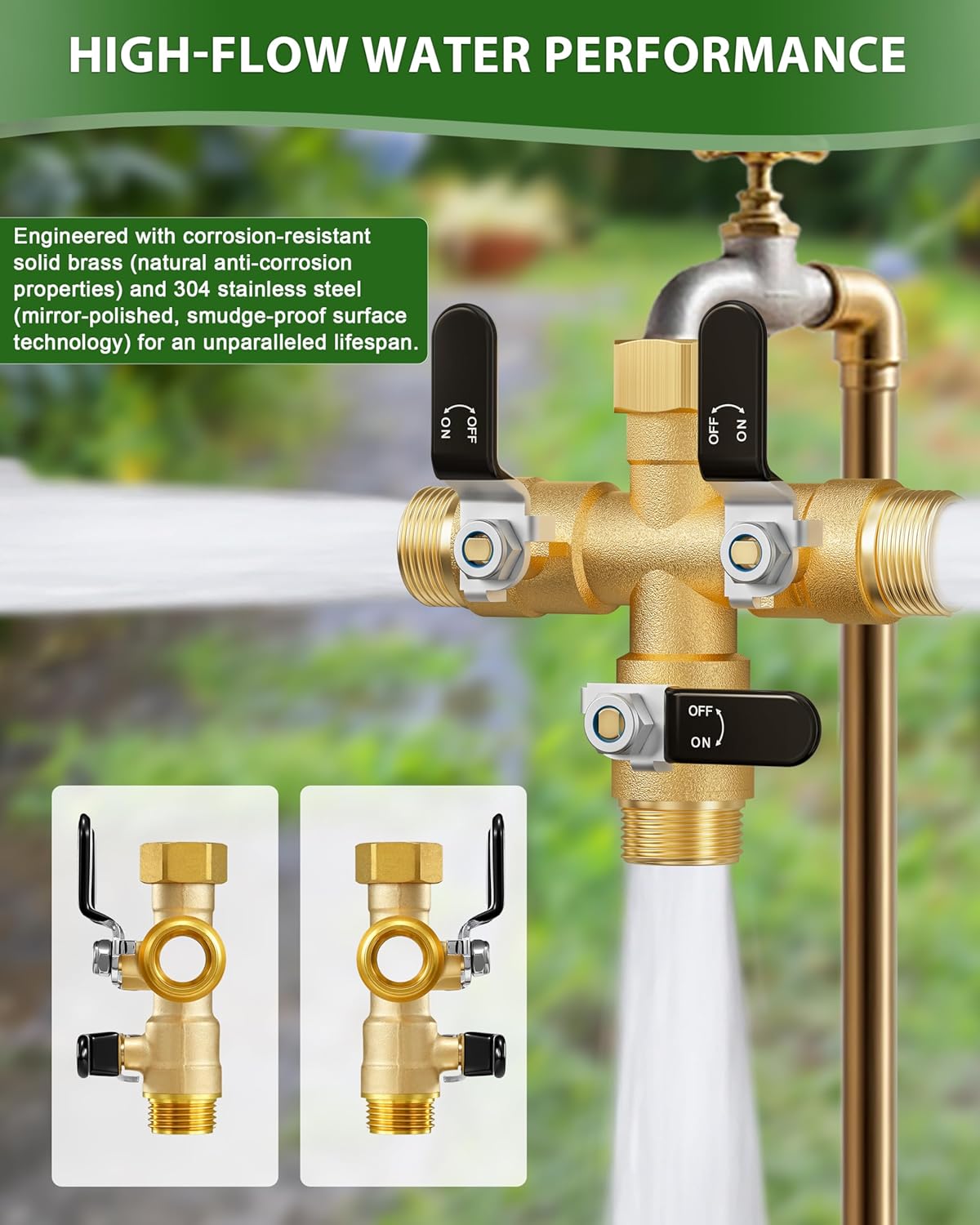 Garden Hose Splitter, 3 Way Heavy Duty Brass hose splitter, Water Hose Bib Spigot Splitter with 0.59" Full Flow Ball Valve Outlet & Shut-Off Valve 3/4'' Connector Outdoor Water Faucet Adapter