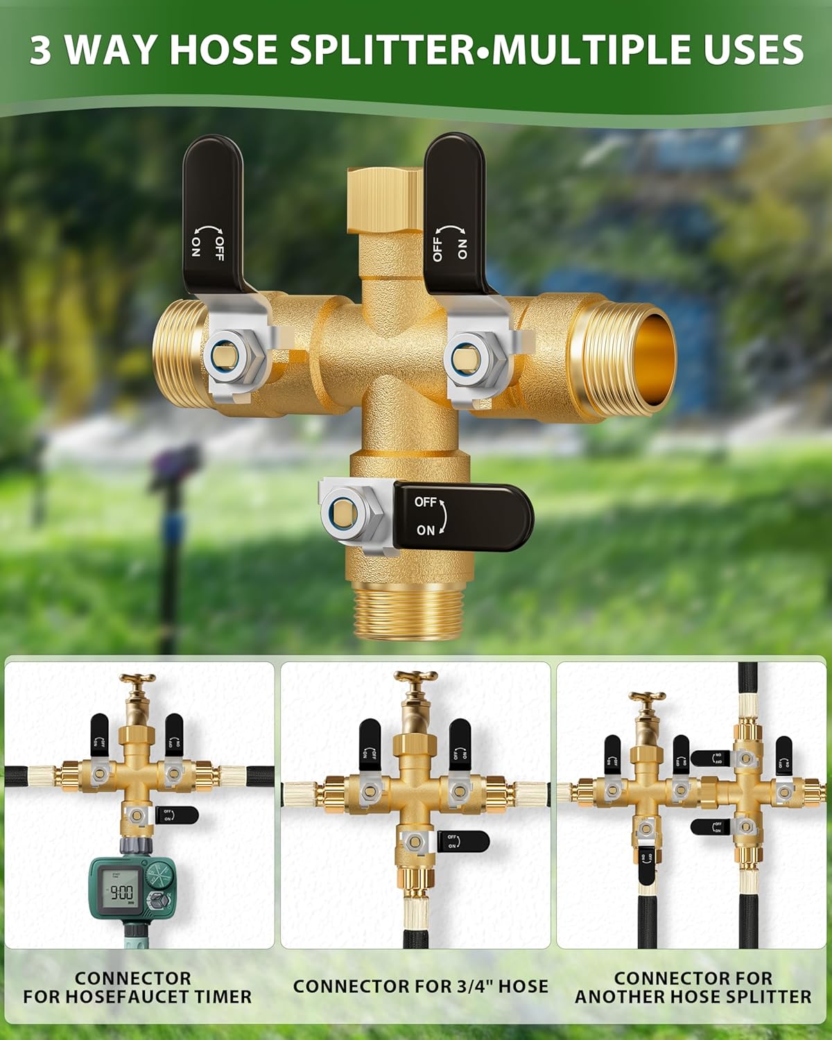 Garden Hose Splitter, 3 Way Heavy Duty Brass hose splitter, Water Hose Bib Spigot Splitter with 0.59" Full Flow Ball Valve Outlet & Shut-Off Valve 3/4'' Connector Outdoor Water Faucet Adapter