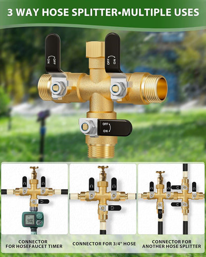 Garden Hose Splitter, 3 Way Heavy Duty Brass hose splitter, Water Hose Bib Spigot Splitter with 0.59" Full Flow Ball Valve Outlet & Shut-Off Valve 3/4'' Connector Outdoor Water Faucet Adapter