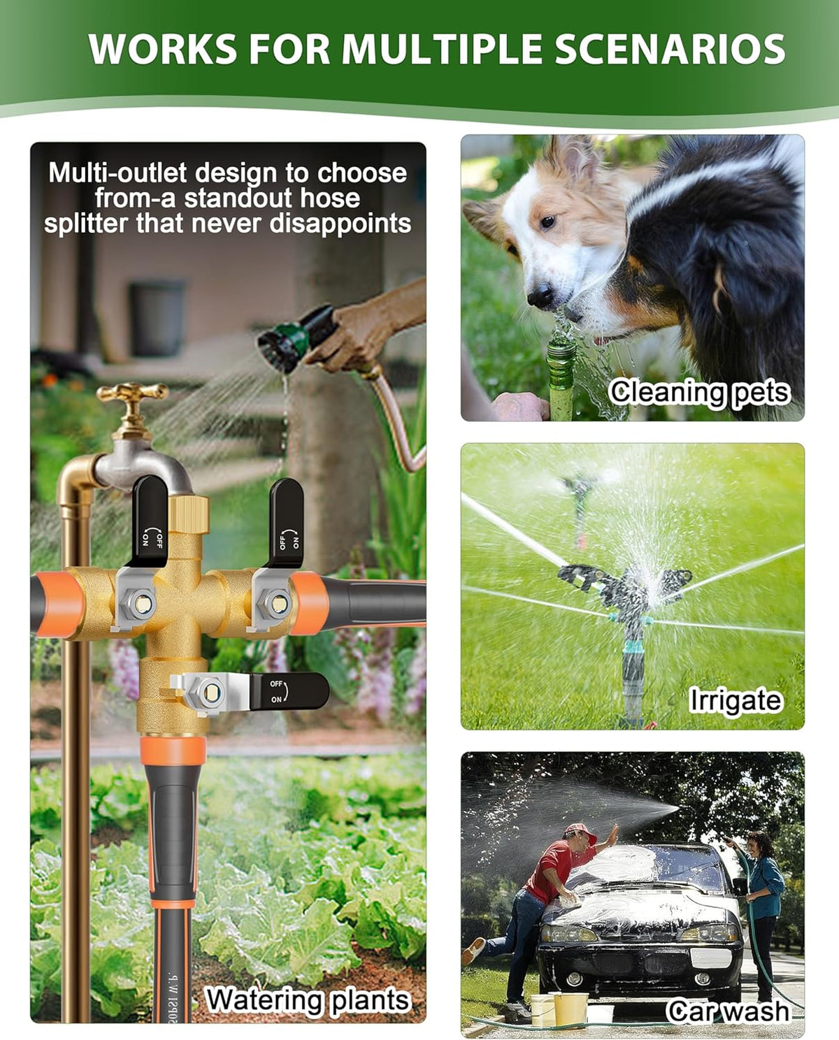 Garden Hose Splitter, 3 Way Heavy Duty Brass hose splitter, Water Hose Bib Spigot Splitter with 0.59" Full Flow Ball Valve Outlet & Shut-Off Valve 3/4'' Connector Outdoor Water Faucet Adapter