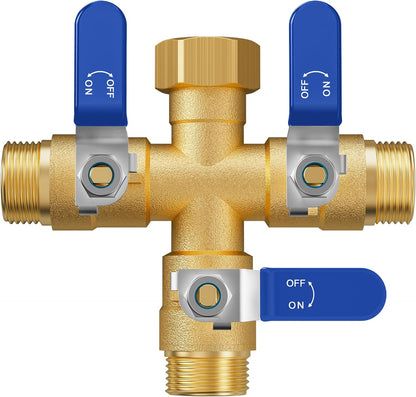Garden Hose Splitter, 3 Way Heavy Duty Brass hose splitter, Water Hose Bib Spigot Splitter with 0.59" Full Flow Ball Valve Outlet & Shut-Off Valve 3/4'' Connector Outdoor Water Faucet Adapter
