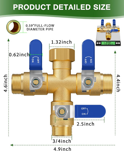 Garden Hose Splitter, 3 Way Heavy Duty Brass hose splitter, Water Hose Bib Spigot Splitter with 0.59" Full Flow Ball Valve Outlet & Shut-Off Valve 3/4'' Connector Outdoor Water Faucet Adapter