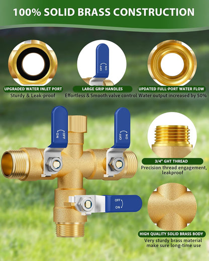 Garden Hose Splitter, 3 Way Heavy Duty Brass hose splitter, Water Hose Bib Spigot Splitter with 0.59" Full Flow Ball Valve Outlet & Shut-Off Valve 3/4'' Connector Outdoor Water Faucet Adapter