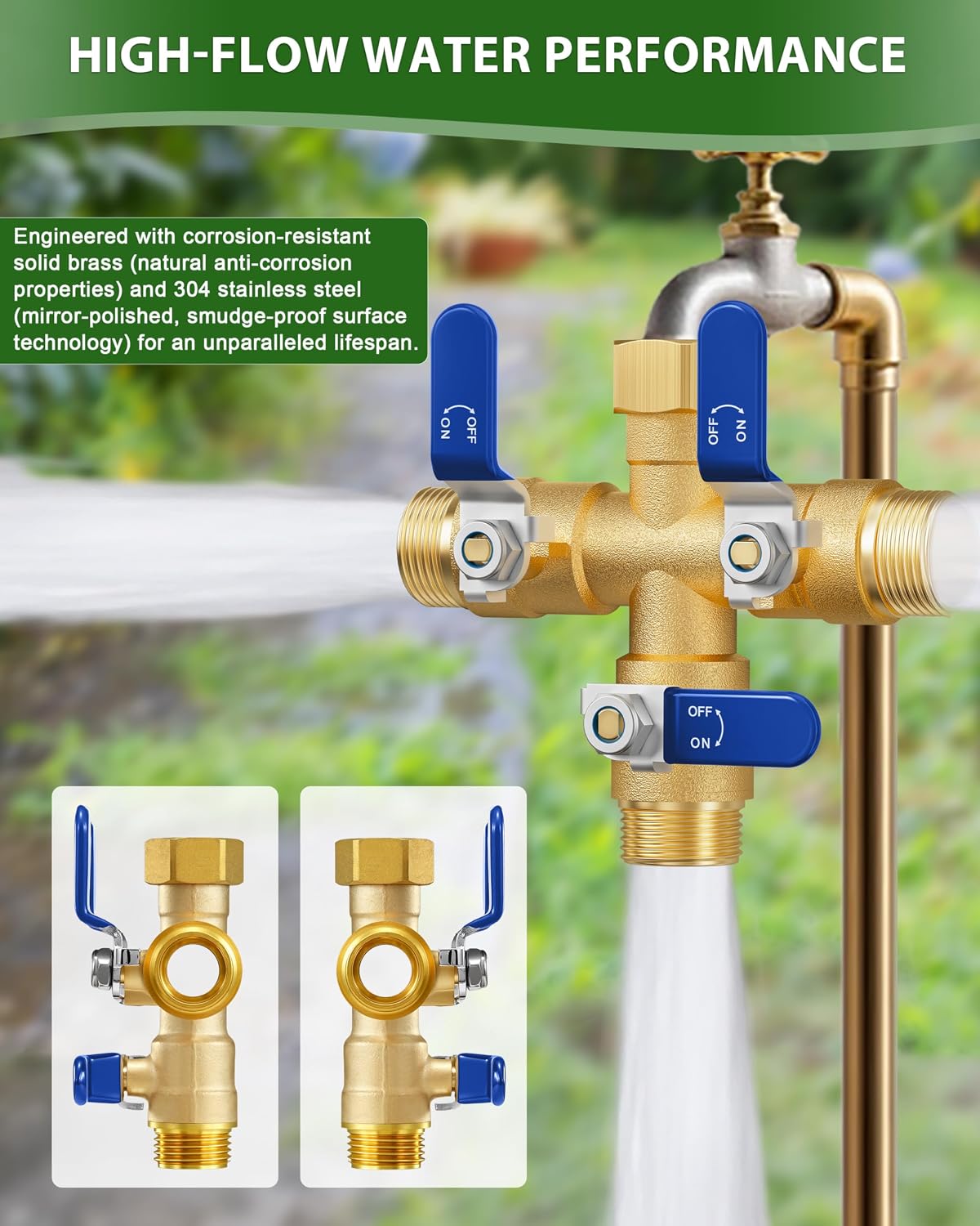 Garden Hose Splitter, 3 Way Heavy Duty Brass hose splitter, Water Hose Bib Spigot Splitter with 0.59" Full Flow Ball Valve Outlet & Shut-Off Valve 3/4'' Connector Outdoor Water Faucet Adapter