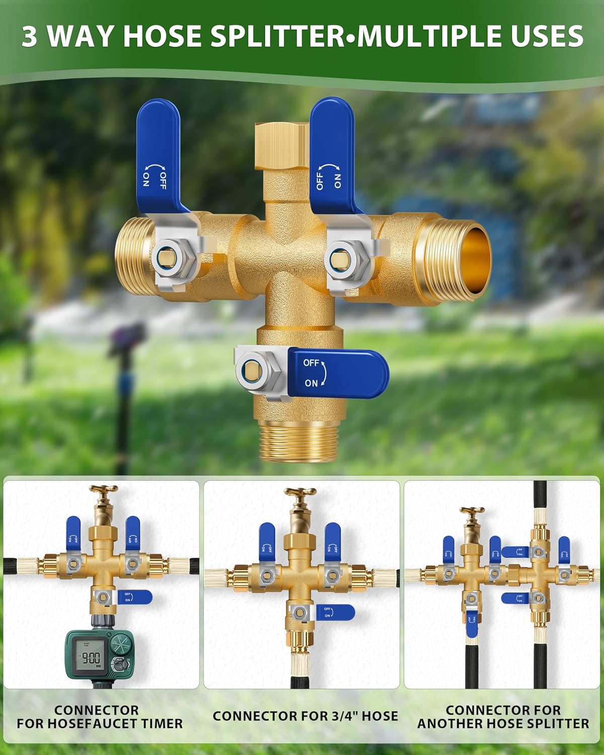 Garden Hose Splitter, 3 Way Heavy Duty Brass hose splitter, Water Hose Bib Spigot Splitter with 0.59" Full Flow Ball Valve Outlet & Shut-Off Valve 3/4'' Connector Outdoor Water Faucet Adapter