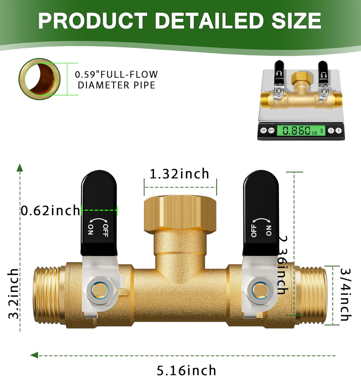 Garden Hose Splitter, 3 Way Heavy Duty Brass hose splitter, Water Hose Bib Spigot Splitter with 0.59" Full Flow Ball Valve Outlet & Shut-Off Valve 3/4'' Connector Outdoor Water Faucet Adapter