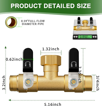 Garden Hose Splitter, 3 Way Heavy Duty Brass hose splitter, Water Hose Bib Spigot Splitter with 0.59" Full Flow Ball Valve Outlet & Shut-Off Valve 3/4'' Connector Outdoor Water Faucet Adapter