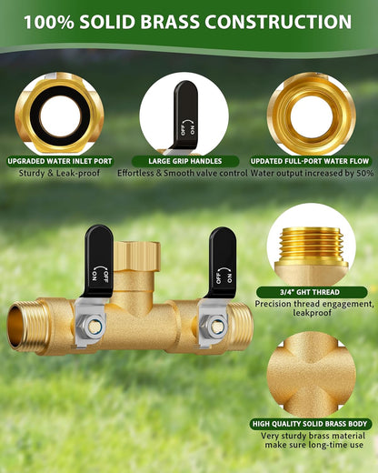 Garden Hose Splitter, 3 Way Heavy Duty Brass hose splitter, Water Hose Bib Spigot Splitter with 0.59" Full Flow Ball Valve Outlet & Shut-Off Valve 3/4'' Connector Outdoor Water Faucet Adapter