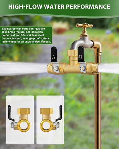 Garden Hose Splitter, 3 Way Heavy Duty Brass hose splitter, Water Hose Bib Spigot Splitter with 0.59" Full Flow Ball Valve Outlet & Shut-Off Valve 3/4'' Connector Outdoor Water Faucet Adapter