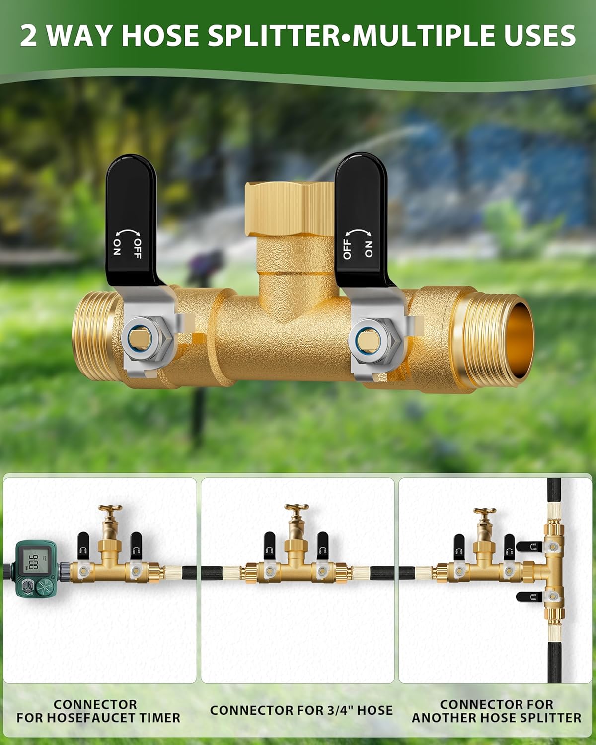 Garden Hose Splitter, 3 Way Heavy Duty Brass hose splitter, Water Hose Bib Spigot Splitter with 0.59" Full Flow Ball Valve Outlet & Shut-Off Valve 3/4'' Connector Outdoor Water Faucet Adapter