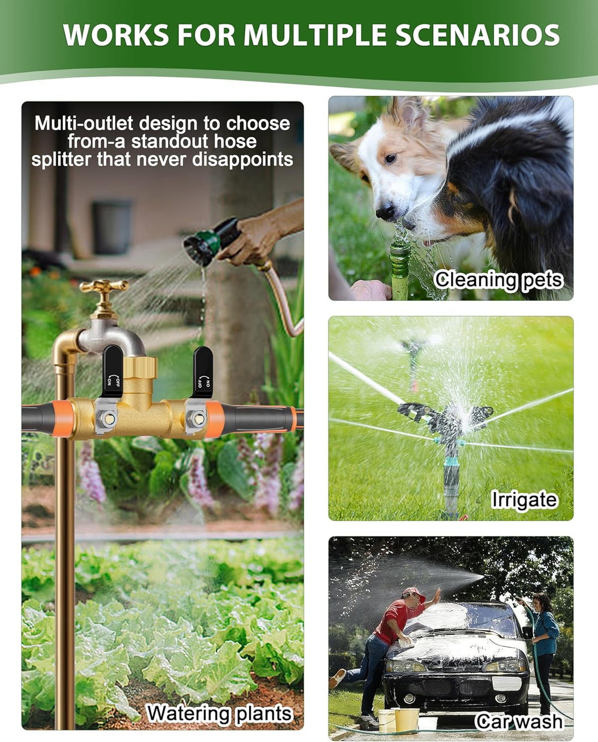 Garden Hose Splitter, 3 Way Heavy Duty Brass hose splitter, Water Hose Bib Spigot Splitter with 0.59" Full Flow Ball Valve Outlet & Shut-Off Valve 3/4'' Connector Outdoor Water Faucet Adapter