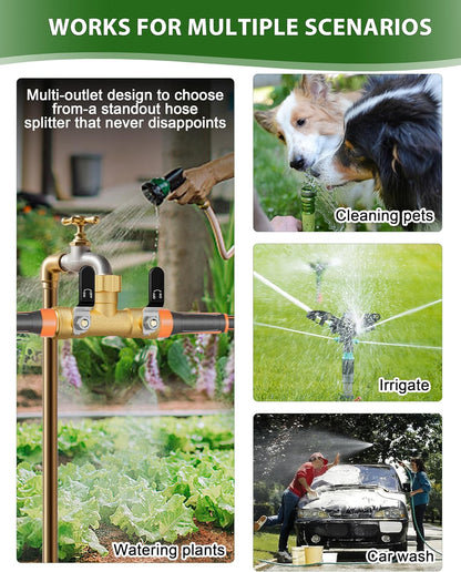 Garden Hose Splitter, 3 Way Heavy Duty Brass hose splitter, Water Hose Bib Spigot Splitter with 0.59" Full Flow Ball Valve Outlet & Shut-Off Valve 3/4'' Connector Outdoor Water Faucet Adapter