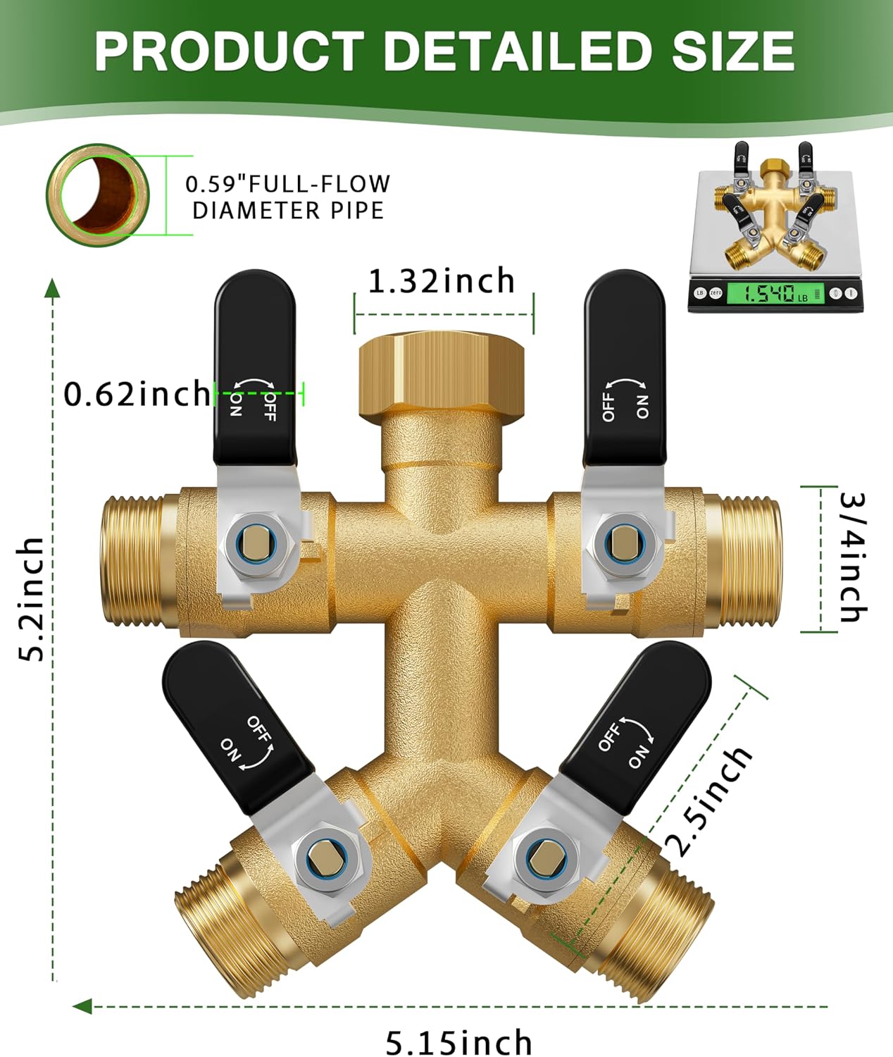 Garden Hose Splitter, 3 Way Heavy Duty Brass hose splitter, Water Hose Bib Spigot Splitter with 0.59" Full Flow Ball Valve Outlet & Shut-Off Valve 3/4'' Connector Outdoor Water Faucet Adapter