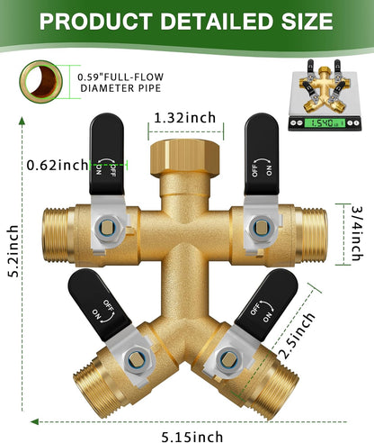 Garden Hose Splitter, 3 Way Heavy Duty Brass hose splitter, Water Hose Bib Spigot Splitter with 0.59" Full Flow Ball Valve Outlet & Shut-Off Valve 3/4'' Connector Outdoor Water Faucet Adapter