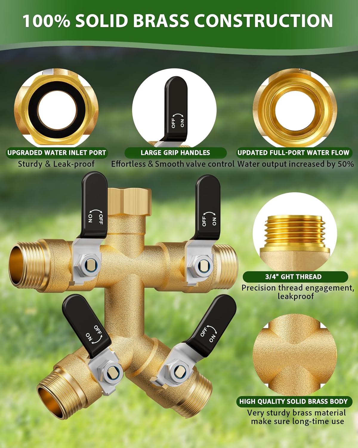 Garden Hose Splitter, 3 Way Heavy Duty Brass hose splitter, Water Hose Bib Spigot Splitter with 0.59" Full Flow Ball Valve Outlet & Shut-Off Valve 3/4'' Connector Outdoor Water Faucet Adapter
