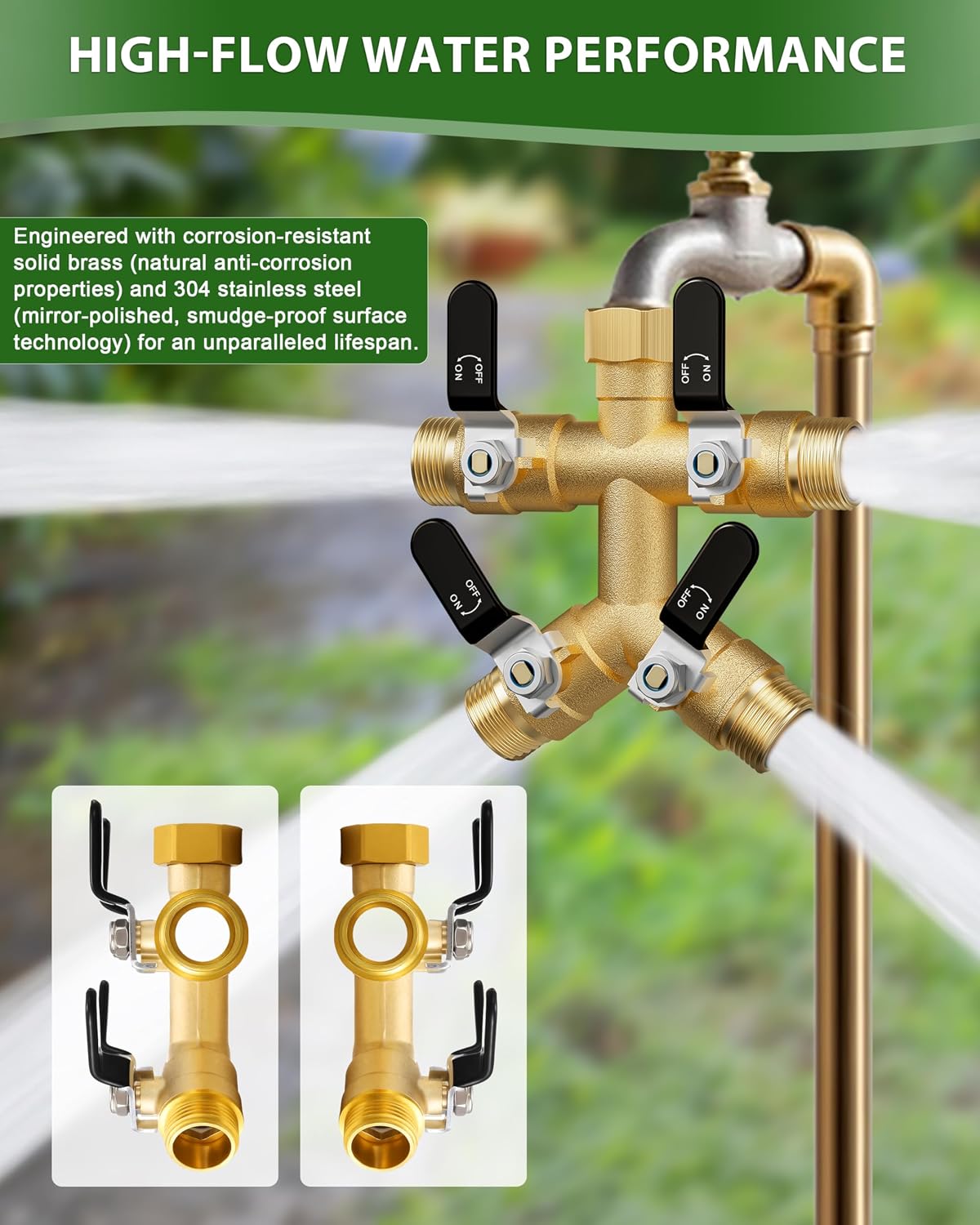 Garden Hose Splitter, 3 Way Heavy Duty Brass hose splitter, Water Hose Bib Spigot Splitter with 0.59" Full Flow Ball Valve Outlet & Shut-Off Valve 3/4'' Connector Outdoor Water Faucet Adapter