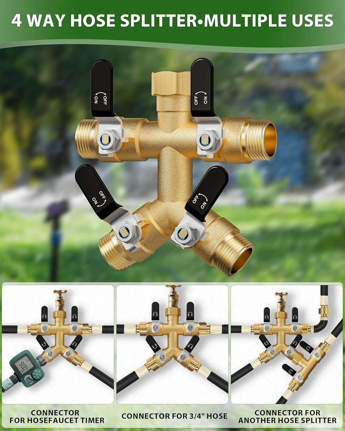 Garden Hose Splitter, 3 Way Heavy Duty Brass hose splitter, Water Hose Bib Spigot Splitter with 0.59" Full Flow Ball Valve Outlet & Shut-Off Valve 3/4'' Connector Outdoor Water Faucet Adapter