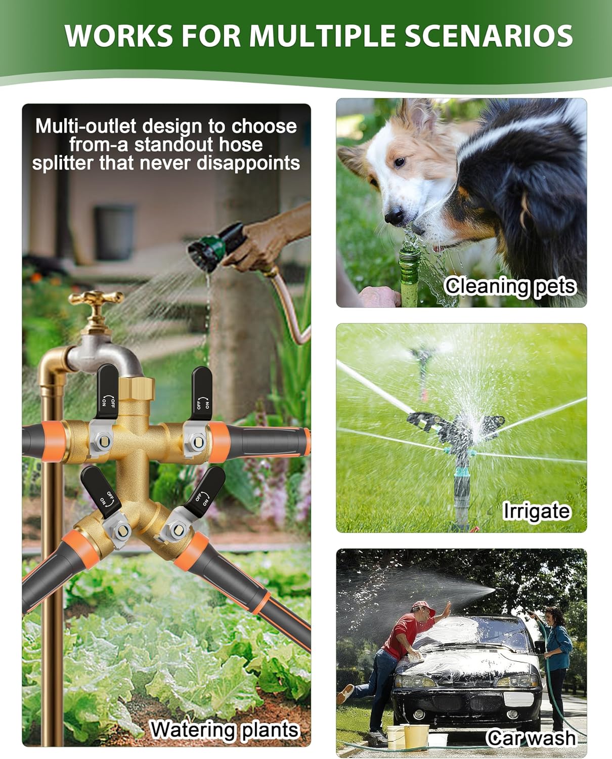 Garden Hose Splitter, 3 Way Heavy Duty Brass hose splitter, Water Hose Bib Spigot Splitter with 0.59" Full Flow Ball Valve Outlet & Shut-Off Valve 3/4'' Connector Outdoor Water Faucet Adapter
