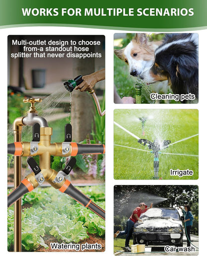 Garden Hose Splitter, 3 Way Heavy Duty Brass hose splitter, Water Hose Bib Spigot Splitter with 0.59" Full Flow Ball Valve Outlet & Shut-Off Valve 3/4'' Connector Outdoor Water Faucet Adapter