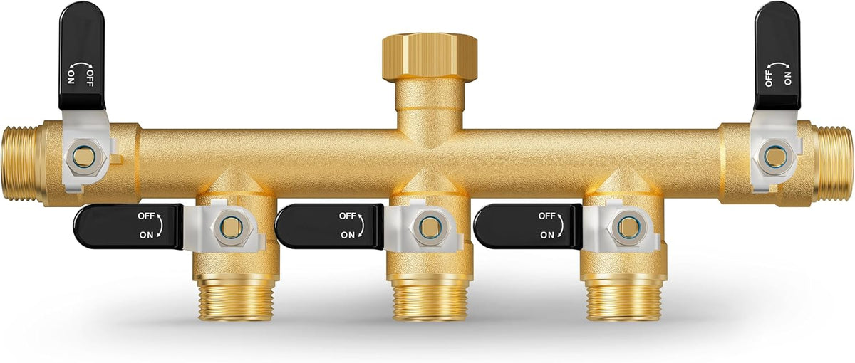Garden Hose Splitter, 3 Way Heavy Duty Brass hose splitter, Water Hose Bib Spigot Splitter with 0.59" Full Flow Ball Valve Outlet & Shut-Off Valve 3/4'' Connector Outdoor Water Faucet Adapter