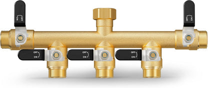 Garden Hose Splitter, 3 Way Heavy Duty Brass hose splitter, Water Hose Bib Spigot Splitter with 0.59" Full Flow Ball Valve Outlet & Shut-Off Valve 3/4'' Connector Outdoor Water Faucet Adapter