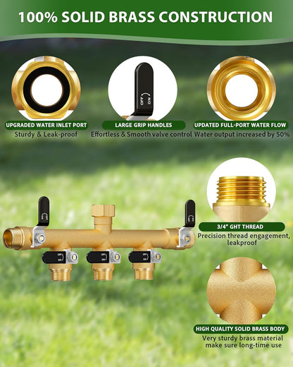 Garden Hose Splitter, 3 Way Heavy Duty Brass hose splitter, Water Hose Bib Spigot Splitter with 0.59" Full Flow Ball Valve Outlet & Shut-Off Valve 3/4'' Connector Outdoor Water Faucet Adapter