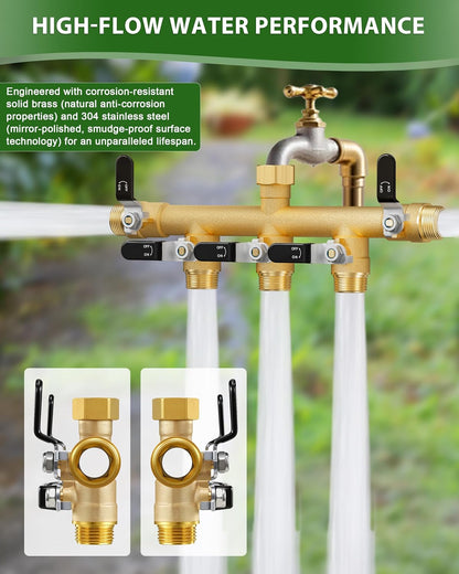Garden Hose Splitter, 3 Way Heavy Duty Brass hose splitter, Water Hose Bib Spigot Splitter with 0.59" Full Flow Ball Valve Outlet & Shut-Off Valve 3/4'' Connector Outdoor Water Faucet Adapter