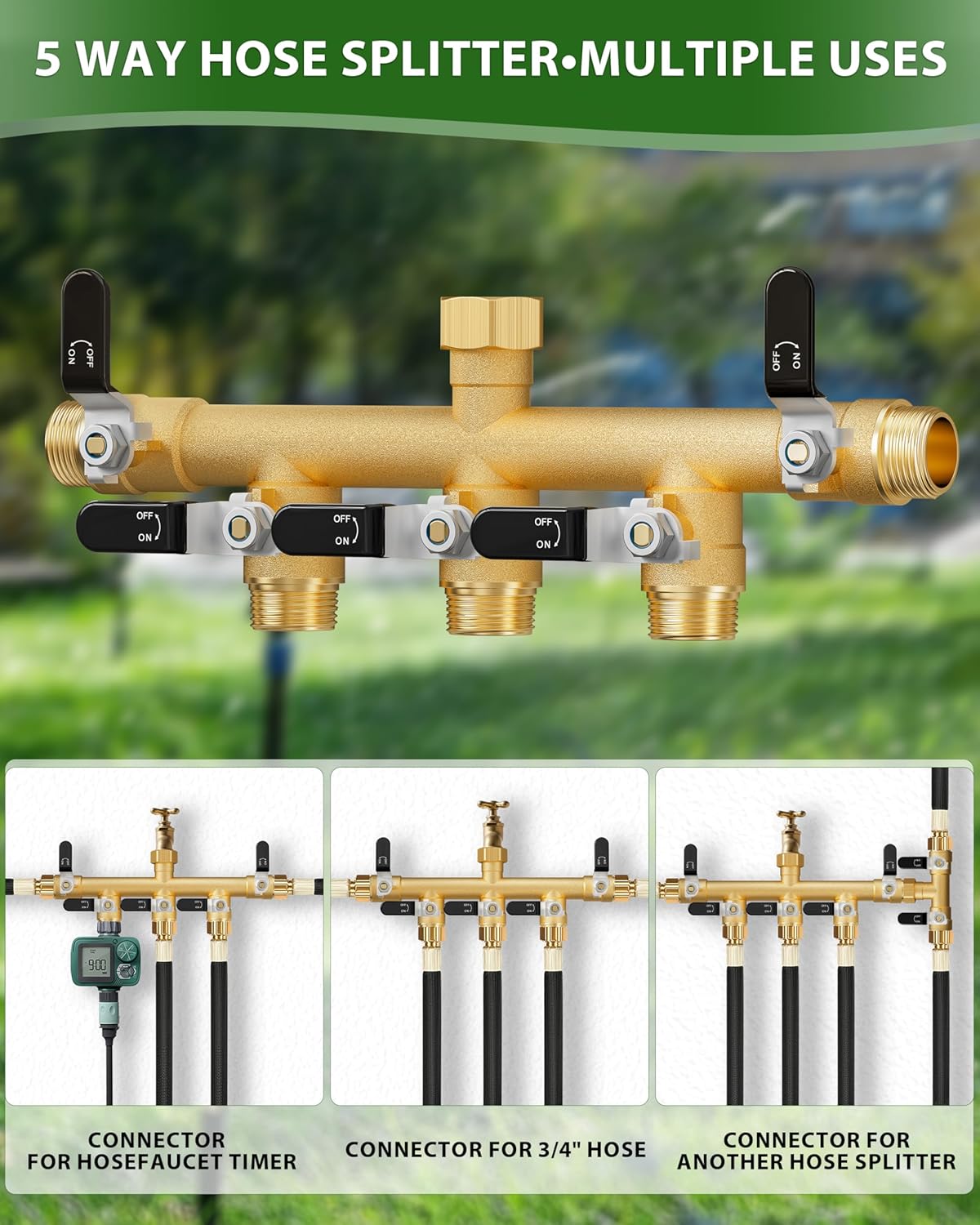 Garden Hose Splitter, 3 Way Heavy Duty Brass hose splitter, Water Hose Bib Spigot Splitter with 0.59" Full Flow Ball Valve Outlet & Shut-Off Valve 3/4'' Connector Outdoor Water Faucet Adapter