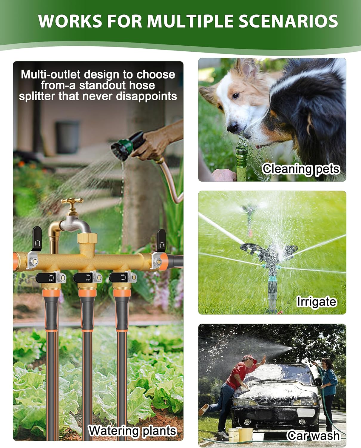 Garden Hose Splitter, 3 Way Heavy Duty Brass hose splitter, Water Hose Bib Spigot Splitter with 0.59" Full Flow Ball Valve Outlet & Shut-Off Valve 3/4'' Connector Outdoor Water Faucet Adapter