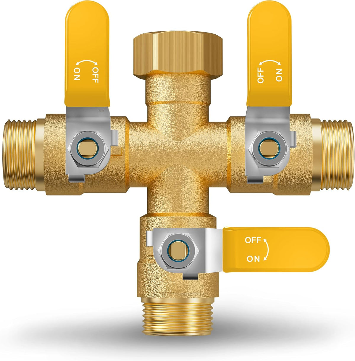 Garden Hose Splitter, 3 Way Heavy Duty Brass hose splitter, Water Hose Bib Spigot Splitter with 0.59" Full Flow Ball Valve Outlet & Shut-Off Valve 3/4'' Connector Outdoor Water Faucet Adapter