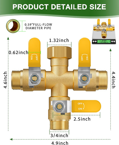 Garden Hose Splitter, 3 Way Heavy Duty Brass hose splitter, Water Hose Bib Spigot Splitter with 0.59" Full Flow Ball Valve Outlet & Shut-Off Valve 3/4'' Connector Outdoor Water Faucet Adapter