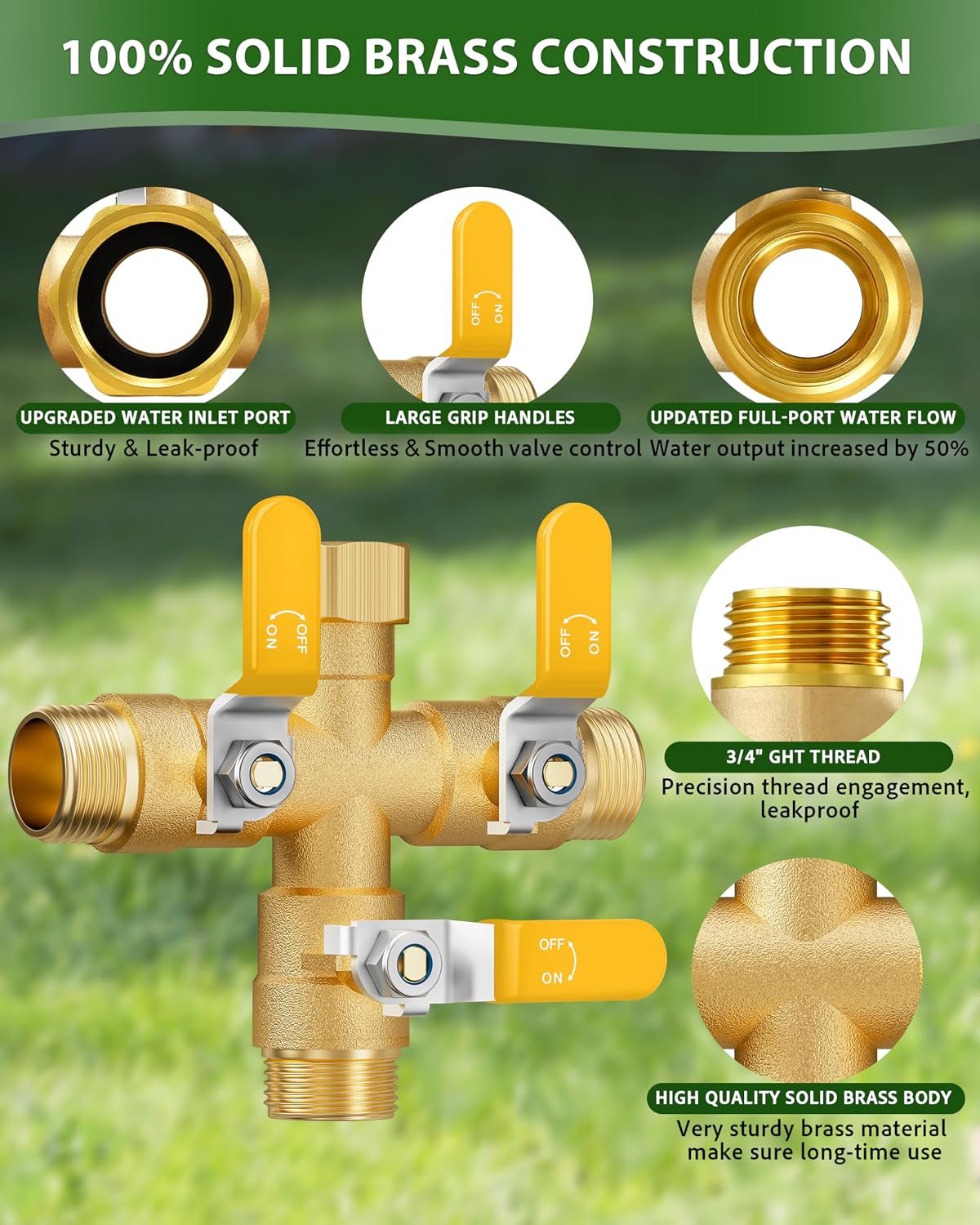 Garden Hose Splitter, 3 Way Heavy Duty Brass hose splitter, Water Hose Bib Spigot Splitter with 0.59" Full Flow Ball Valve Outlet & Shut-Off Valve 3/4'' Connector Outdoor Water Faucet Adapter