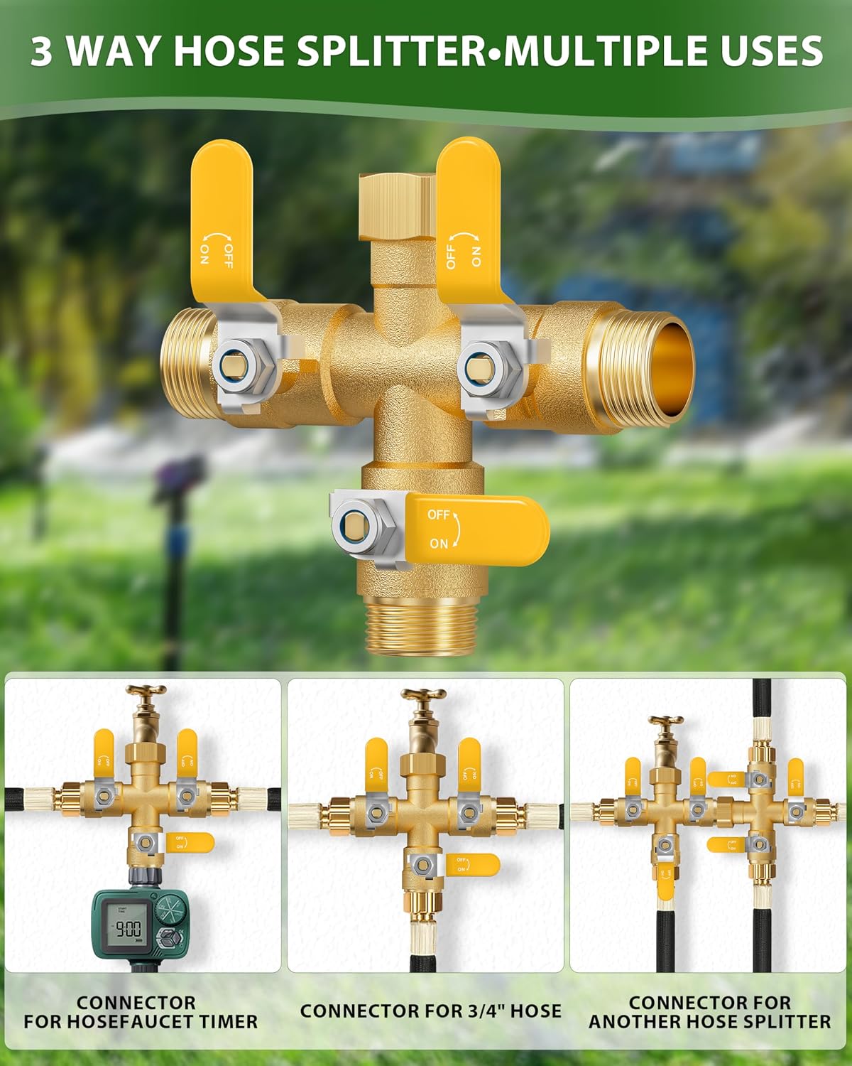 Garden Hose Splitter, 3 Way Heavy Duty Brass hose splitter, Water Hose Bib Spigot Splitter with 0.59" Full Flow Ball Valve Outlet & Shut-Off Valve 3/4'' Connector Outdoor Water Faucet Adapter