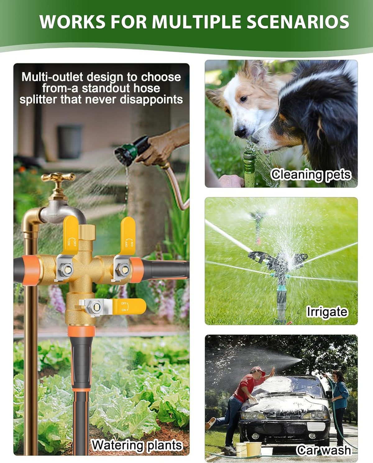Garden Hose Splitter, 3 Way Heavy Duty Brass hose splitter, Water Hose Bib Spigot Splitter with 0.59" Full Flow Ball Valve Outlet & Shut-Off Valve 3/4'' Connector Outdoor Water Faucet Adapter