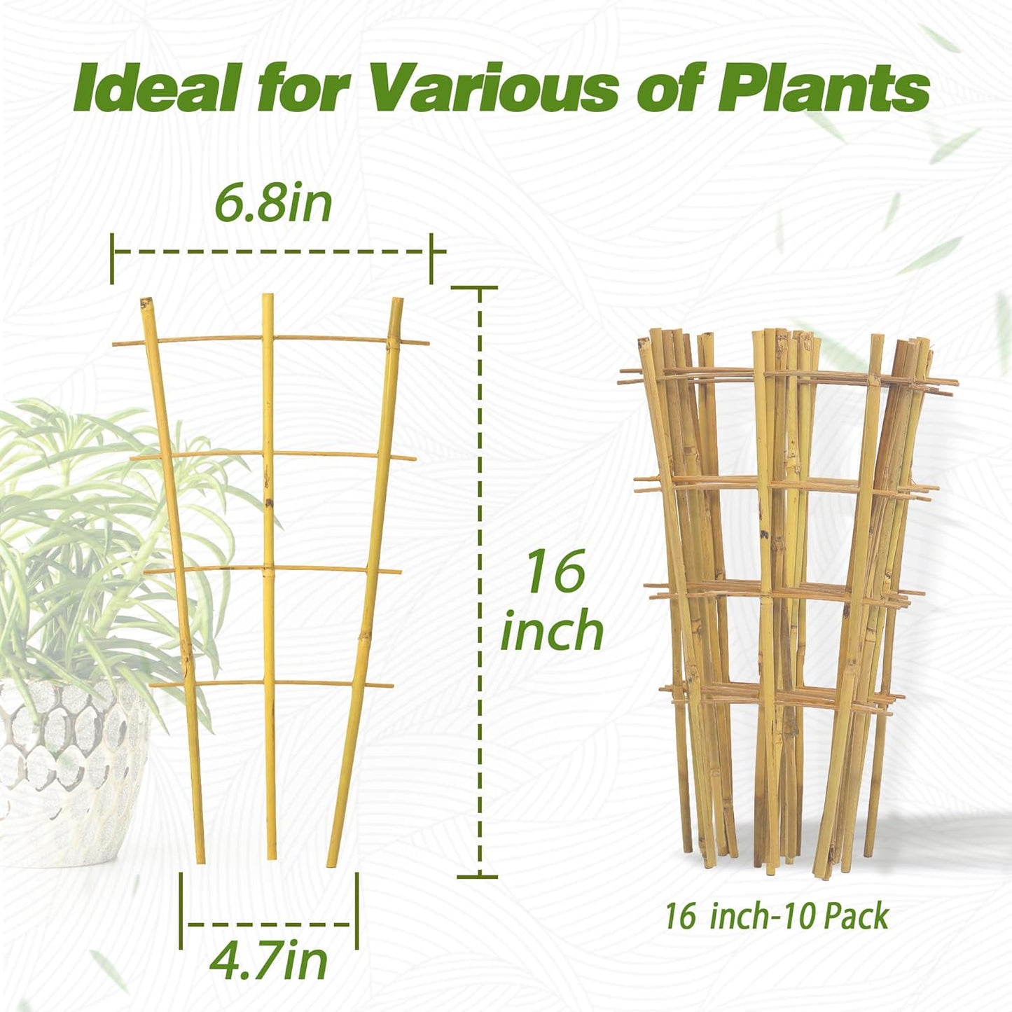 10 Pack Bamboo Trellis for Climbing Plants 16" Natural Garden Ladder Trellis, Fan -Shaped Plant Support Trellis for Potted Plant Decor