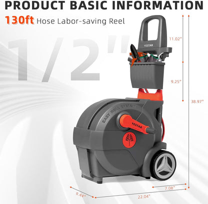 Hand-Crank Hose Reel 1/2" x 130ft, Heavy Duty Water Hose Reel, Removable, Any Length Lock, Hand Crank Effortless Rewind System, 4-Pattern Nozzle