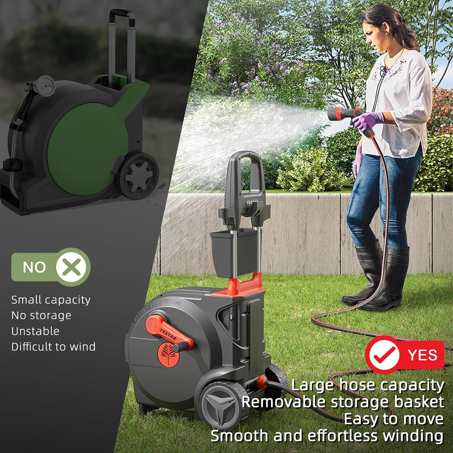 Hand-Crank Hose Reel 1/2" x 130ft, Heavy Duty Water Hose Reel, Removable, Any Length Lock, Hand Crank Effortless Rewind System, 4-Pattern Nozzle