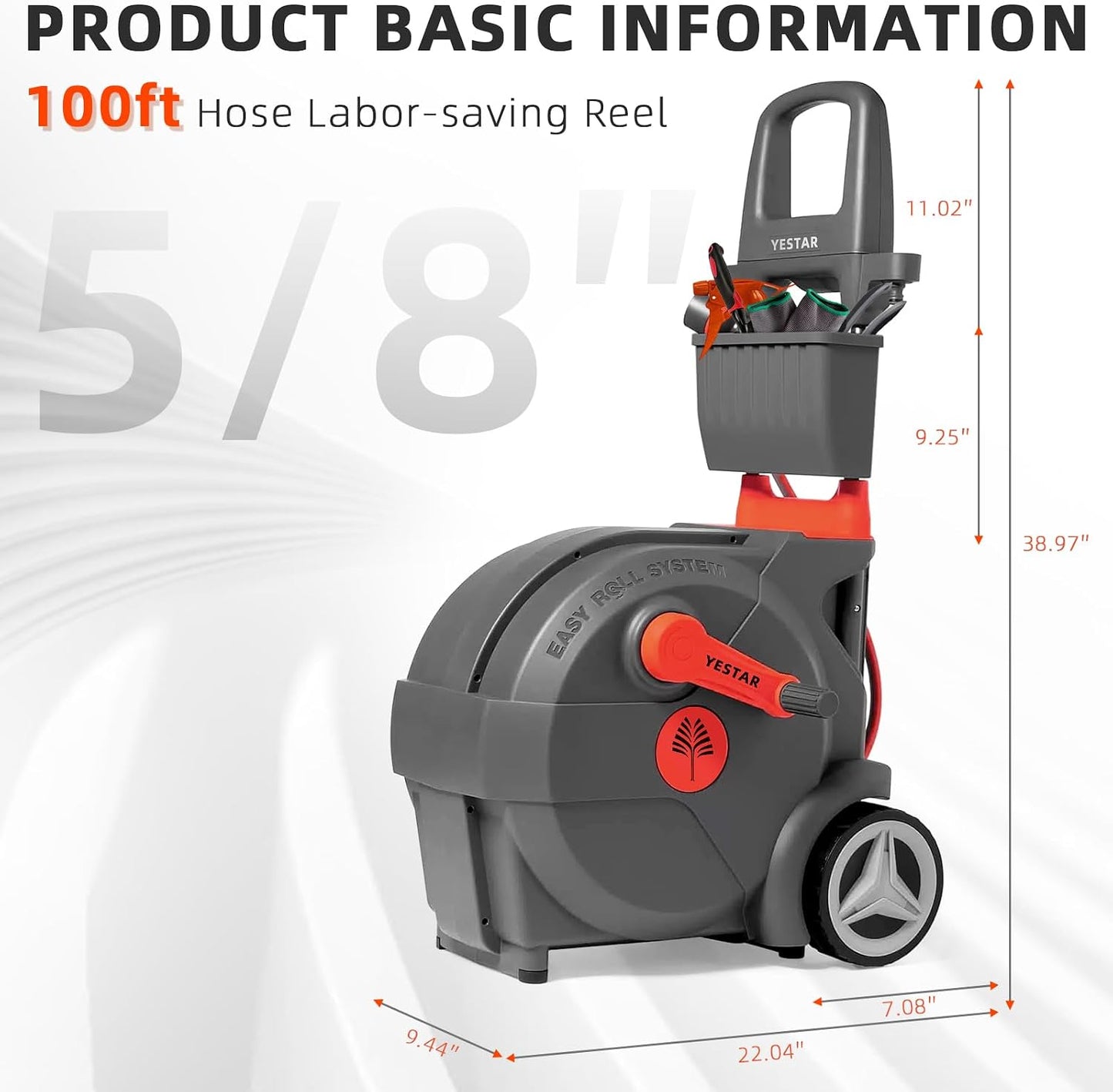 Hand-Crank Hose Reel 1/2" x 130ft, Heavy Duty Water Hose Reel, Removable, Any Length Lock, Hand Crank Effortless Rewind System, 4-Pattern Nozzle