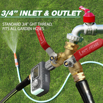 2 Way Garden Hose Splitter, Solid Brass High Flow Spigot Splitter with 3/4” GHT Thread, Individual Shut-Off Valves & Long Handle, Heavy Duty Hose Manifold for Outdoor Faucet