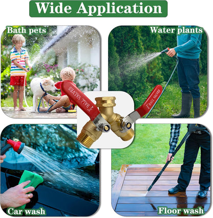 2 Way Garden Hose Splitter, Solid Brass High Flow Spigot Splitter with 3/4” GHT Thread, Individual Shut-Off Valves & Long Handle, Heavy Duty Hose Manifold for Outdoor Faucet